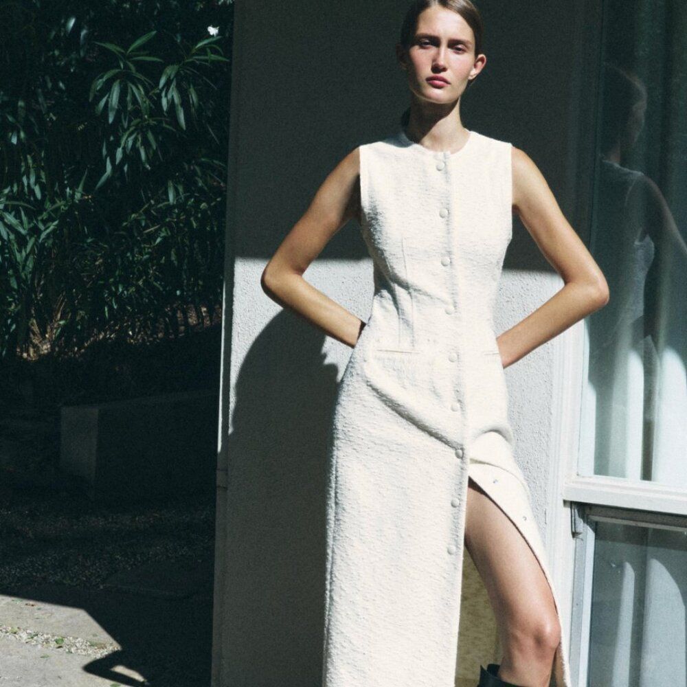 Zara ZW collection Midi Dress Structured M Ecru Textured Sleeveless 8812/730 NWD
